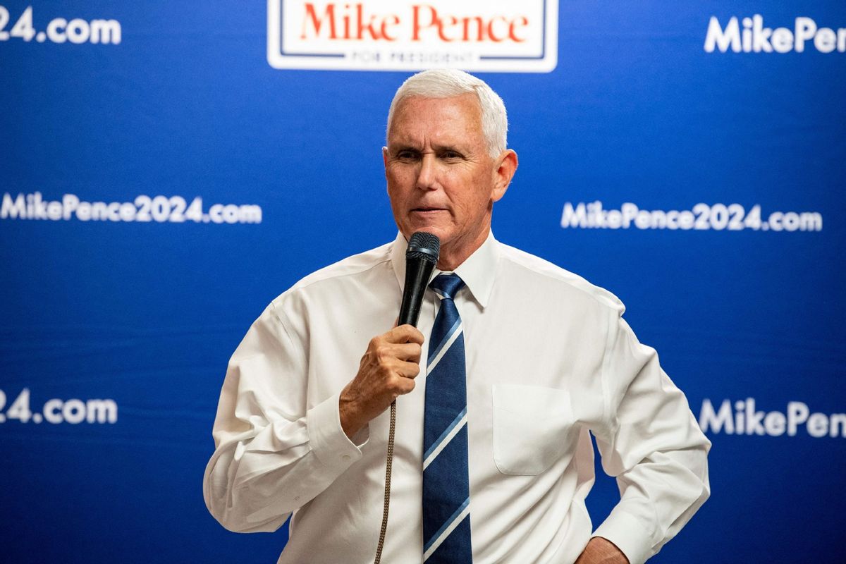 U.S. Presidential hopeful and former Vice President Mike Pence speaks at a campaign event at American Legion Hall Post 27 in Londonderry, New Hampshire, on August 4, 2023. (JOSEPH PREZIOSO/AFP via Getty Images)