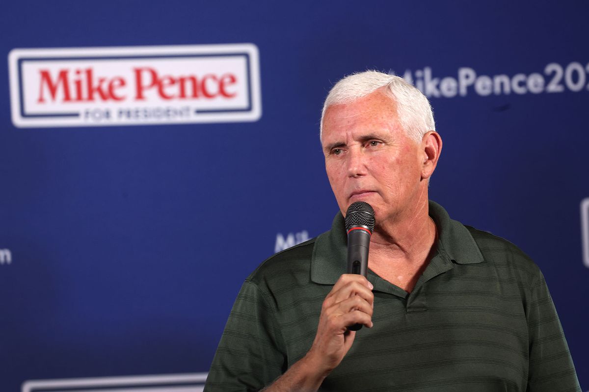 Republican presidential candidate former Vice President Mike Pence speaks at the Clinton County GOP Hog Roast on July 30, 2023 in Clinton, Iowa. (Scott Olson/Getty Images)