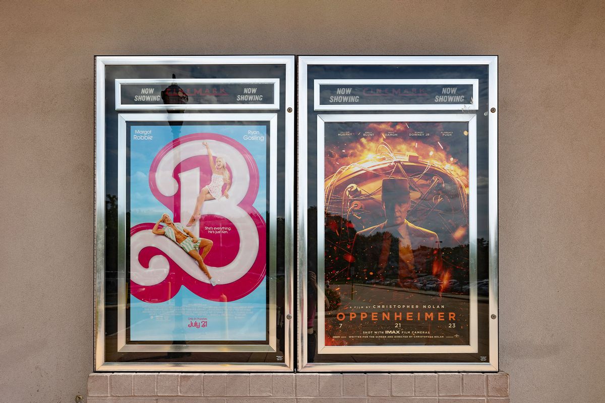 Movie posters for Barbie and Oppenheimer are pictured outside of the Cinemark Somerdale 16 and XD in Somerdale, New Jersey, 2023. (Hannah Beier for the Washington Post)