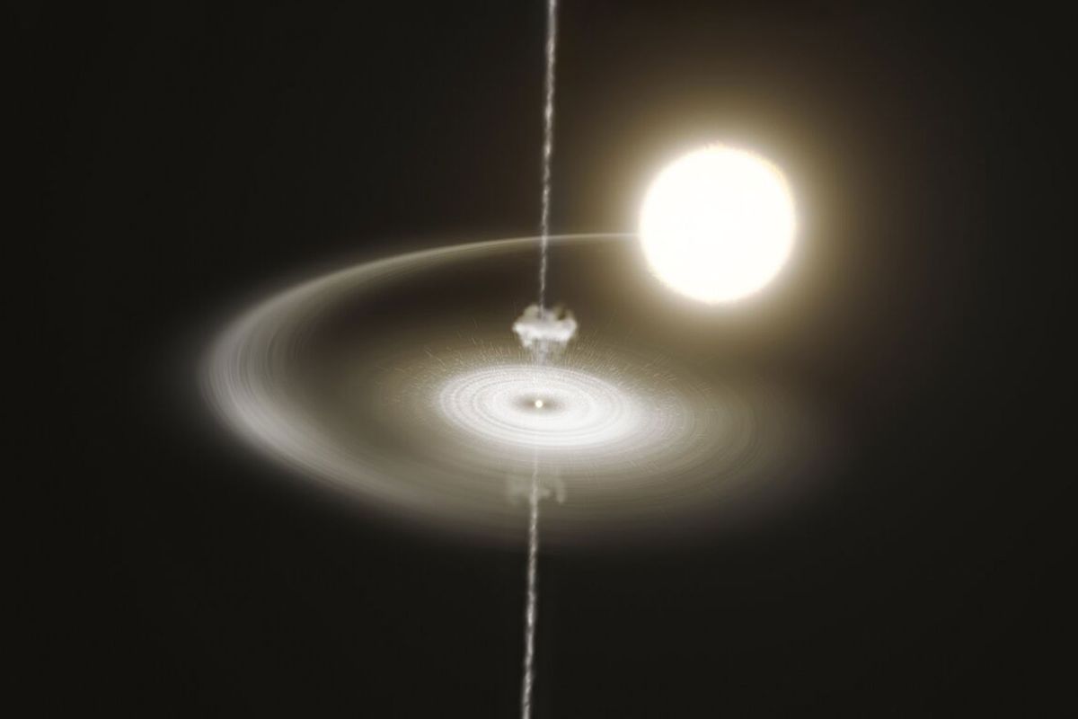 This artist’s impression shows the pulsar PSR J1023+0038 stealing gas from its companion star. (ESO/M. Kornmesser)