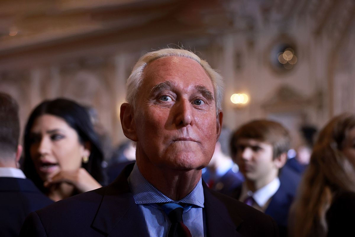 Roger Stone waits for the arrival of former U.S. President Donald Trump during an event at his Mar-a-Lago home on November 15, 2022 in Palm Beach, Florida. (Joe Raedle/Getty Images)