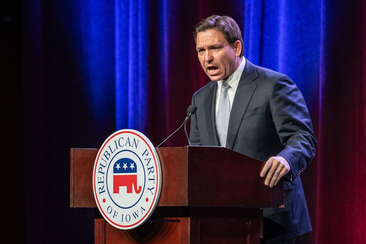 Florida Governor and 2024 Republican Presidential hopeful Ron DeSantis speaks at the Republican Party of Iowa's 2023 Lincoln Dinner at the Iowa Events Center in Des Moines, Iowa, on July 28, 2023. (SERGIO FLORES/AFP via Getty Images)
