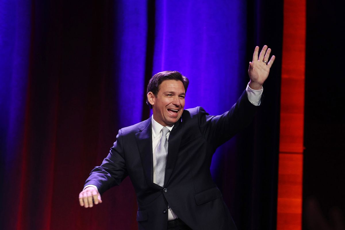 Republican presidential candidate Florida Governor Ron DeSantis speaks to guests at the Republican Party of Iowa 2023 Lincoln Dinner on July 28, 2023 in Des Moines, Iowa. (Scott Olson/Getty Images)