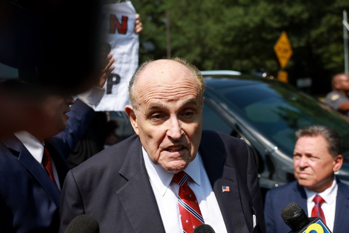 Rudy Giuliani speaks to the media after leaving the Fulton County jail on August 23, 2023 in Atlanta, Georgia. (Joe Raedle/Getty Images)
