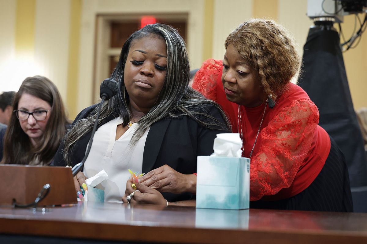 Wandrea ArShaye “Shaye” Moss (L), former Georgia election worker, is comforted by her mother Ruby Freeman (R) as Moss testifies during the fourth hearing on the January 6th investigation in the Cannon House Office Building on June 21, 2022 in Washington, DC. (Kevin Dietsch/Getty Images)
