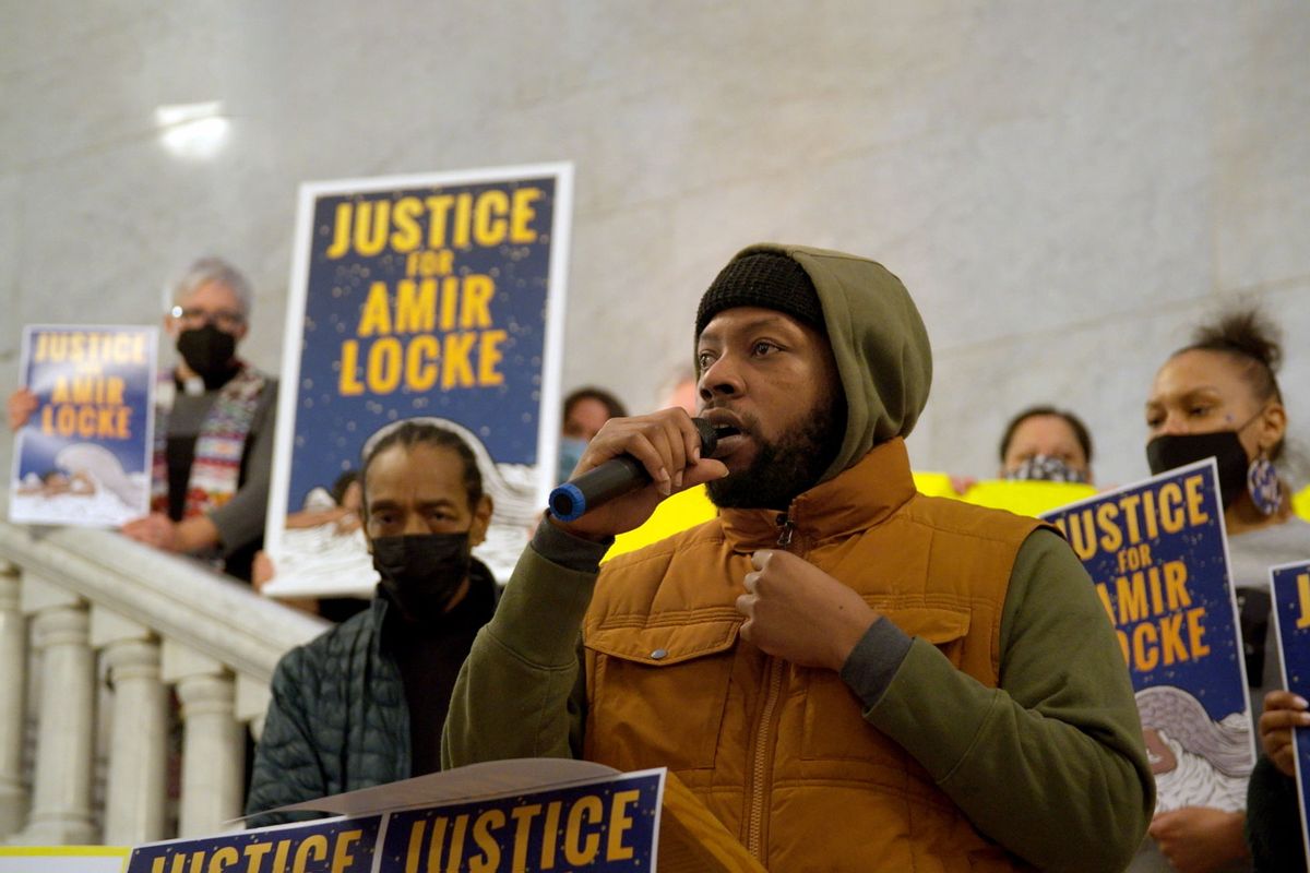 Community organizer Rod Adams speaks amongst crowd of protesters at Minneapolis City Hall in "Sound of the Police" (Hulu/ABC News Studios)