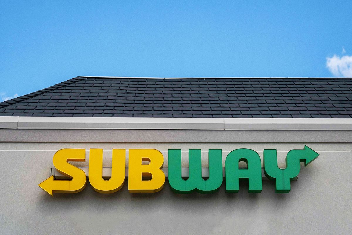The Subway sign hangs over the sandwich shop in Annapolis, Maryland, on August 23, 2023. (JIM WATSON/AFP via Getty Images)