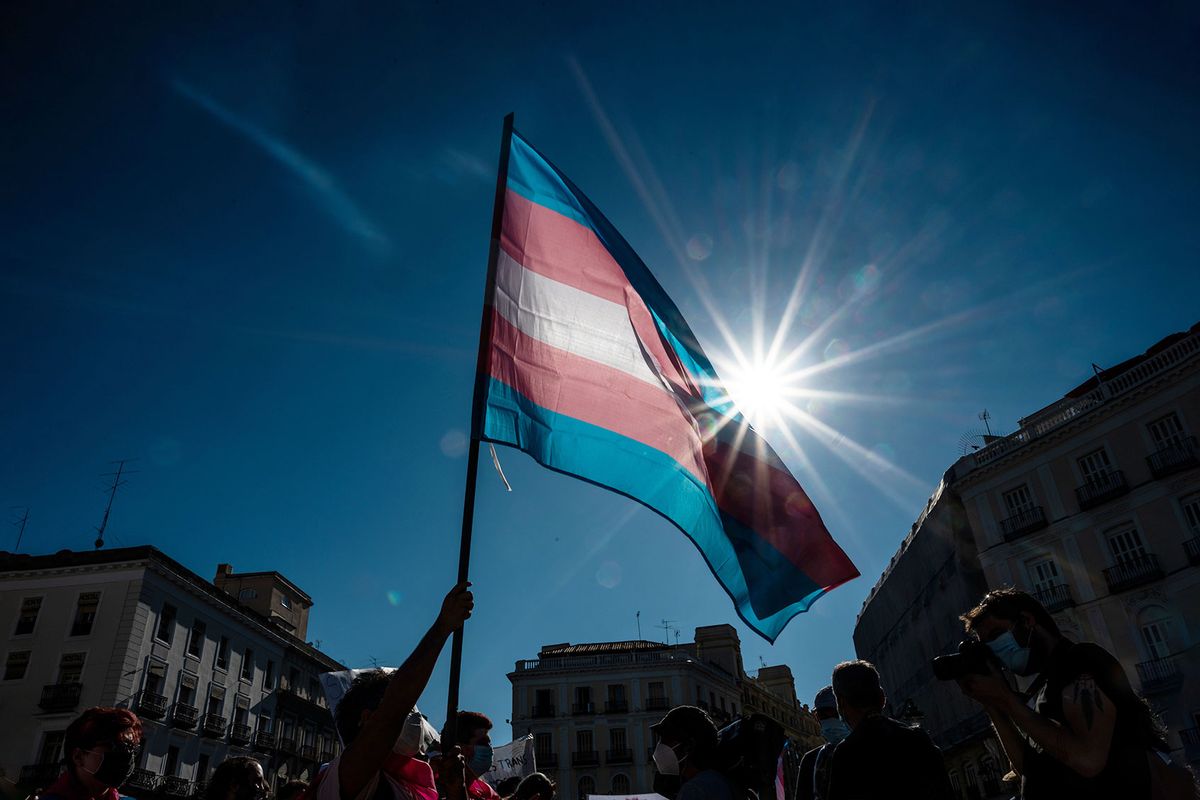 Demonstrator waving the Trans flag (Marcos del Mazo/LightRocket via Getty Images)