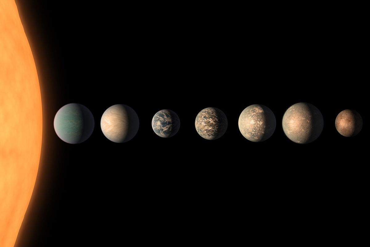 This artist's concept shows what the TRAPPIST-1 planetary system may look like, based on available data about the planets' diameters, masses and distances from the host star, as of February 2018. (NASA/JPL-Caltech)
