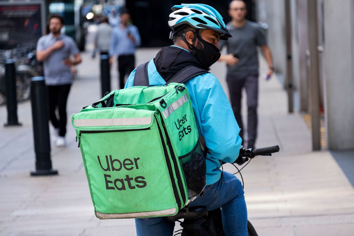 Uber Eats takeaway delivery cycle courier on 15th August 2023 in London, United Kingdom. (Mike Kemp/In Pictures via Getty Images)