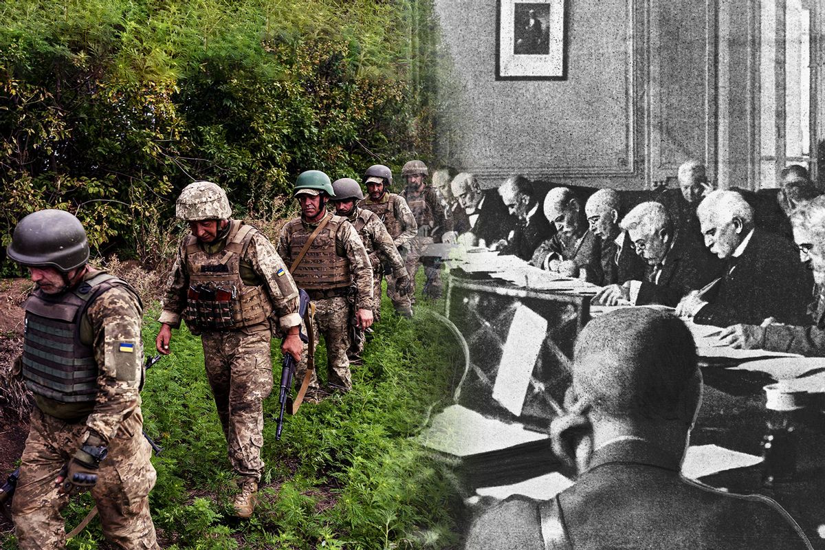 Ukrainian soldiers take infantry training in Donetsk Oblast as the Russia-Ukraine war continues in Ukraine, on August 11, 2023. | Government Officials Drafting the Terms of the Treaty of Versailles. (Photo illustration by Salon/Getty Images)