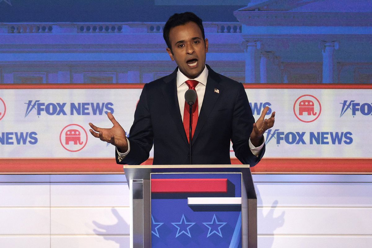 Republican presidential candidate, Vivek Ramaswamy participates in the first debate of the GOP primary season hosted by FOX News at the Fiserv Forum on August 23, 2023 in Milwaukee, Wisconsin. (Win McNamee/Getty Images)