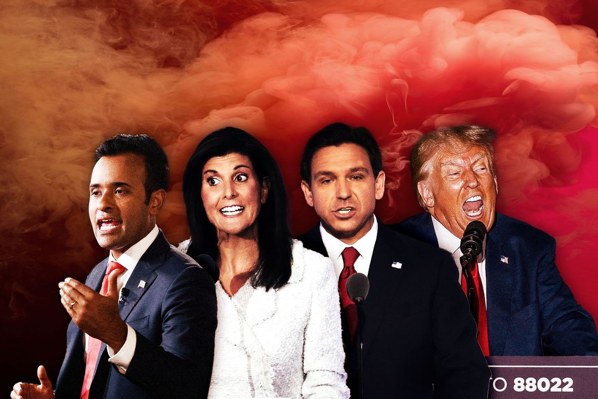 Vivek Ramaswamy, Nikki Haley, Ron DeSantis and Donald Trump (Photo illustration by Salon/Getty Images)