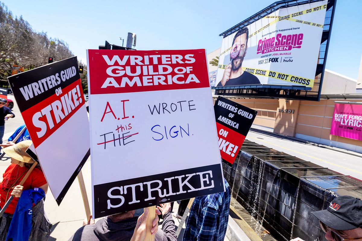 People picket outside of FOX Studios on the first day of the Hollywood writers strike on May 2, 2023 in Los Angeles. (David McNew/Getty Images)