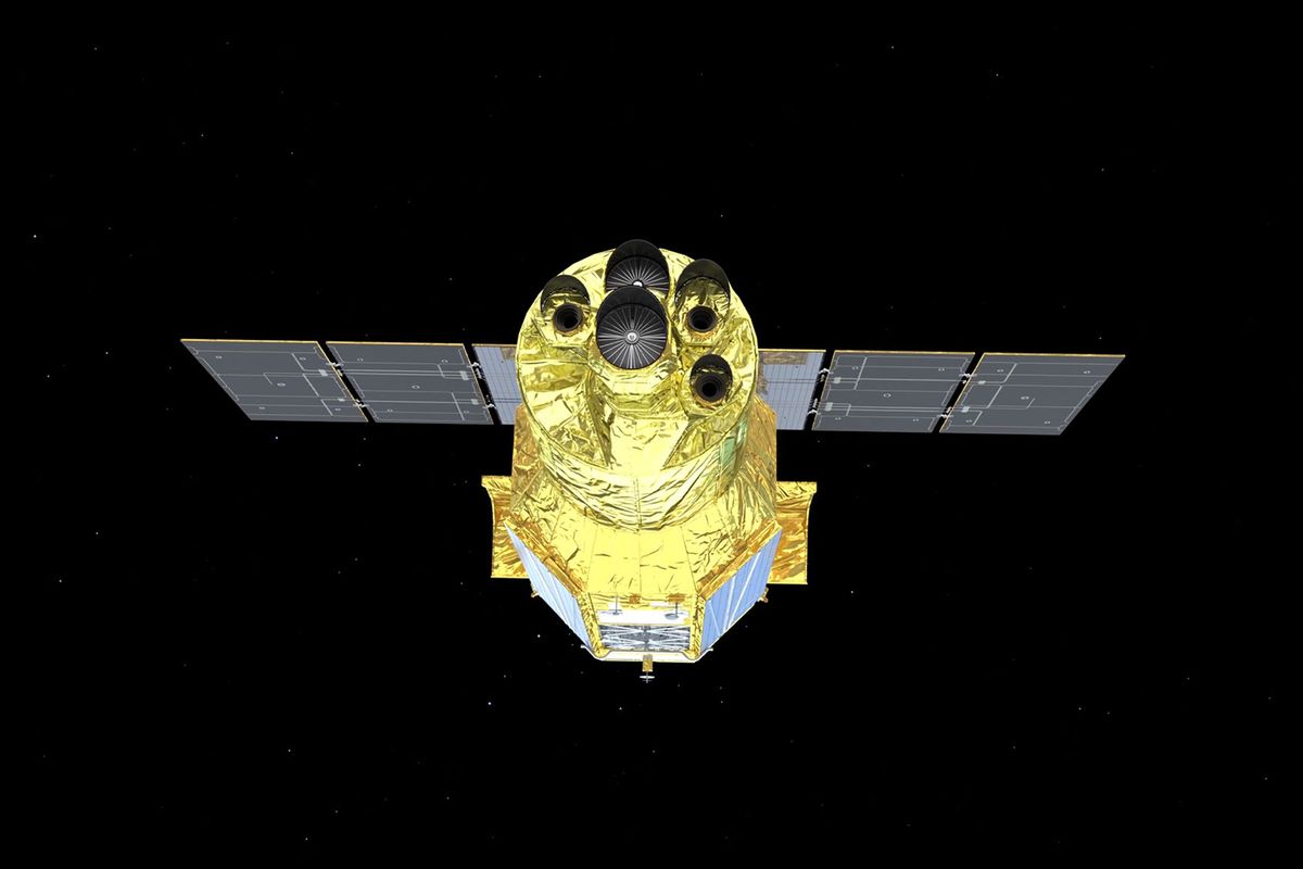 This artist's concept shows a face-on view of the XRISM (X-ray Imaging and Spectroscopy Mission) spacecraft. (NASA's Goddard Space Flight Center Conceptual Image Lab)
