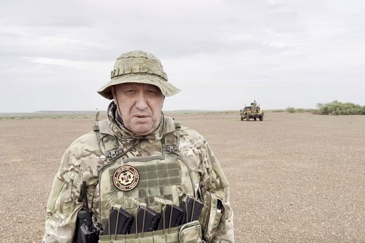 A screen grab captured from a video shared online shows Yevgeny Prigozhin, the founder of the Russian private security company Wagner, speaking in a desert area while wearing camouflage in a video for the first time after his rebellion against the Russian administration in an unspecified location in Africa on August 21, 2023. (Wagner Account/Anadolu Agency via Getty Images)