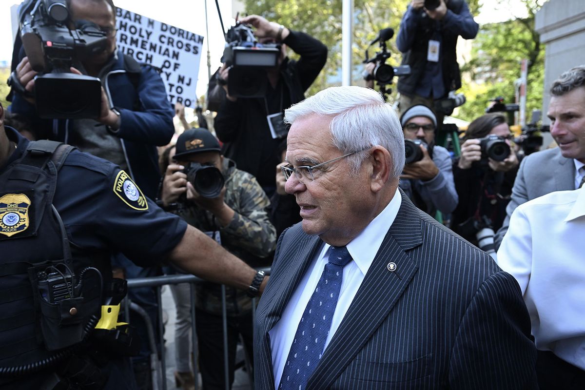Senator Bob Menendez and his wife Nadine Menendez (not seen) depart a Manhattan court after they were arraigned on federal bribery charges in New York, United States on September 27, 2023. (Fatih Aktas/Anadolu Agency via Getty Images)