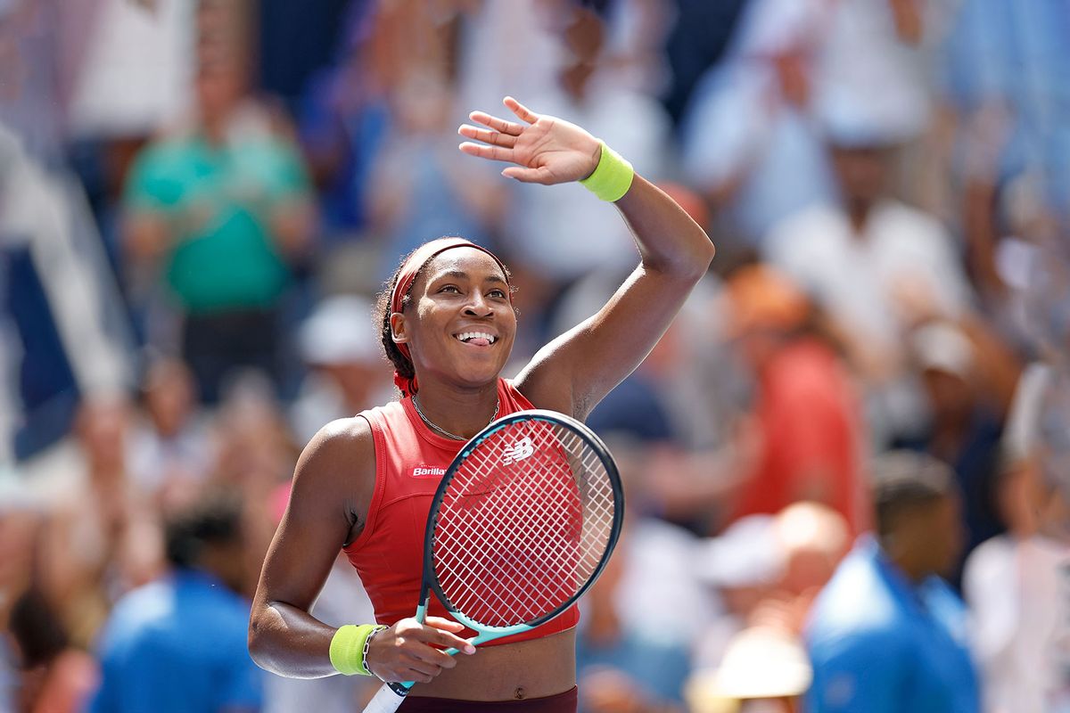 Coco Gauff of the United States reacts after winning her Women's Singles Quarterfinal match against Jelena Ostapenko of Latvia on Day Nine of the 2023 US Open at the USTA Billie Jean King National Tennis Center on September 05, 2023 in the Flushing neighborhood of the Queens borough of New York City. (Sarah Stier/Getty Images)