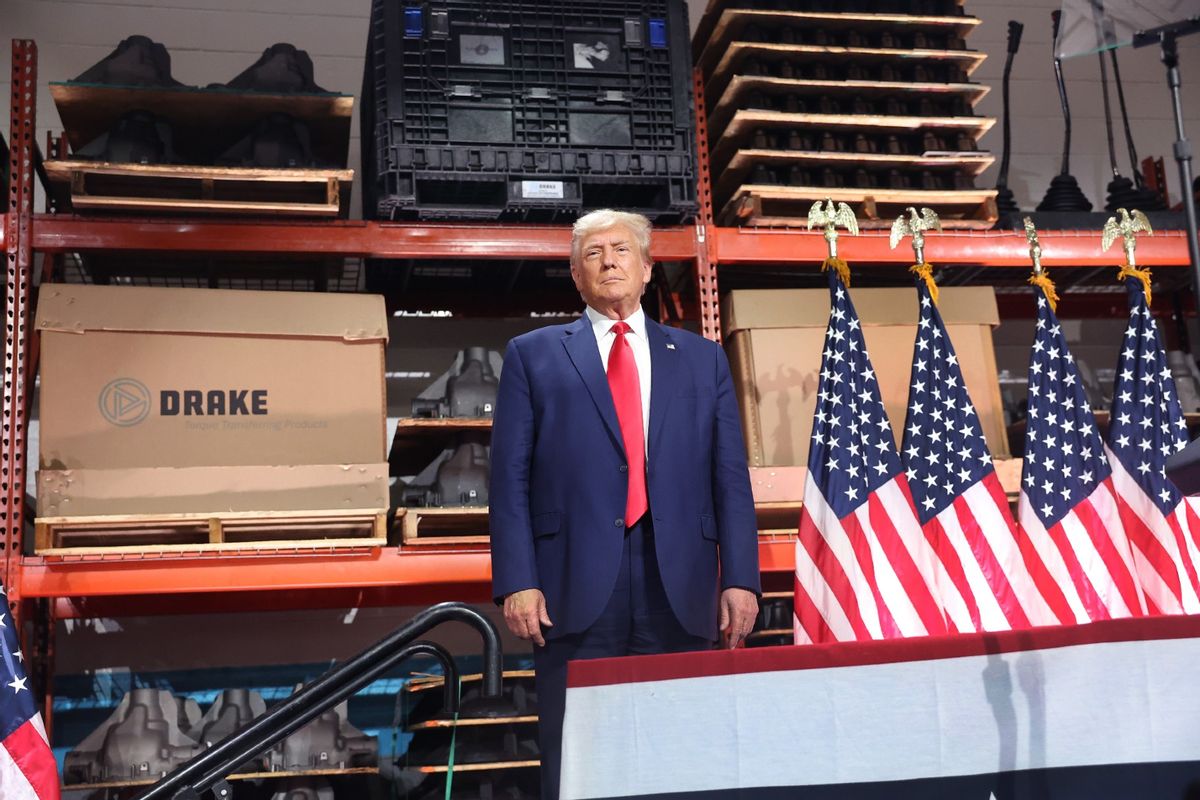 Donald Trump speaks to guests during a campaign stop at Drake Enterprises, an automotive parts manufacturer, on September 27, 2023 in Clinton Township, Michigan. (Scott Olson/Getty Images)