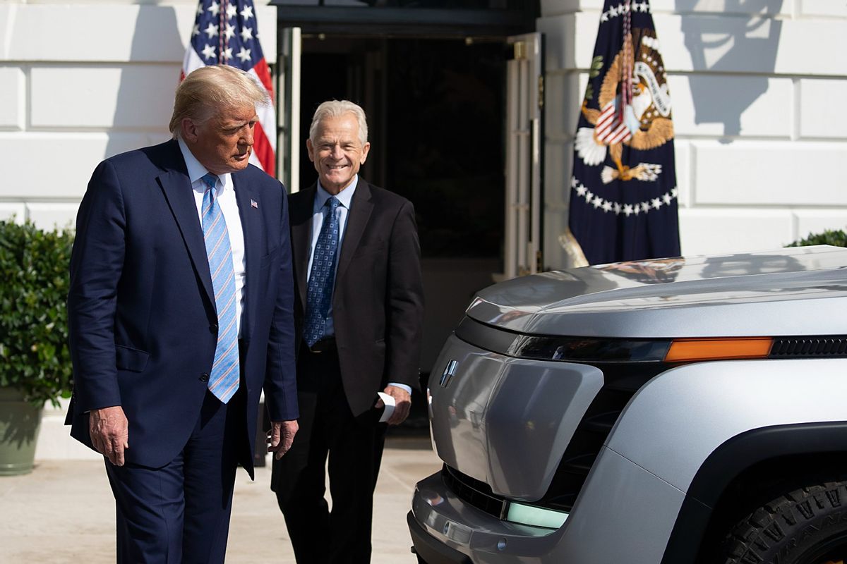 Former President Donald Trump and White House Trade Adviser Peter Navarro check out the new Endurance all-electric pickup truck on the south lawn of the White House on September 28, 2020 in Washington, DC. (Tasos Katopodis/Getty Images)