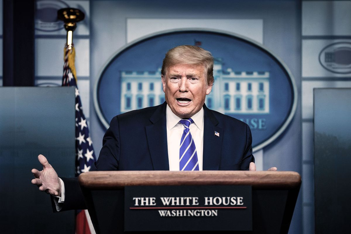 President Donald J. Trump speaks with members of the coronavirus task force during a briefing in response to the COVID-19 coronavirus pandemic in the James S. Brady Press Briefing Room at the White House on Thursday, April 23, 2020 in Washington, DC. (Jabin Botsford/The Washington Post via Getty Images)