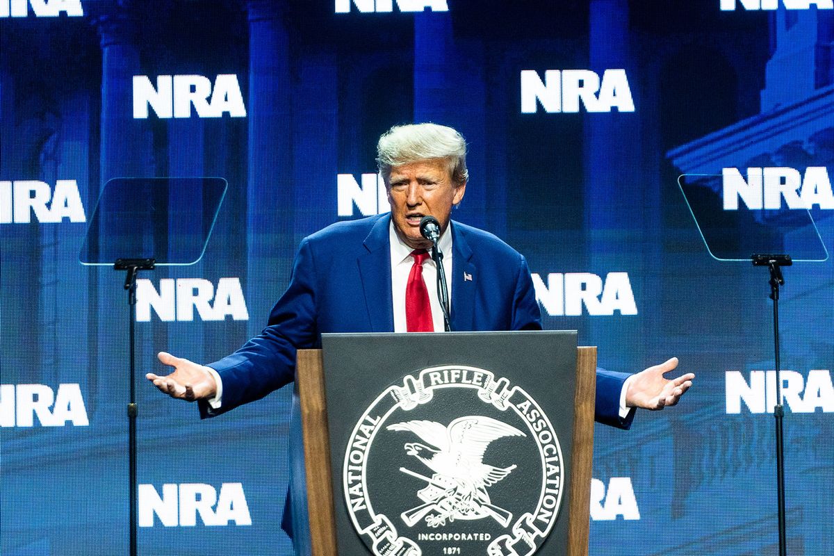 Former President Donald Trump delivers remarks during the National Rifle Association (NRA) annual convention Leadership Forum at the Indiana Convention Center in Indianapolis, Indiana on Friday, April 14, 2023. (Demetrius Freeman/The Washington Post via Getty Images)
