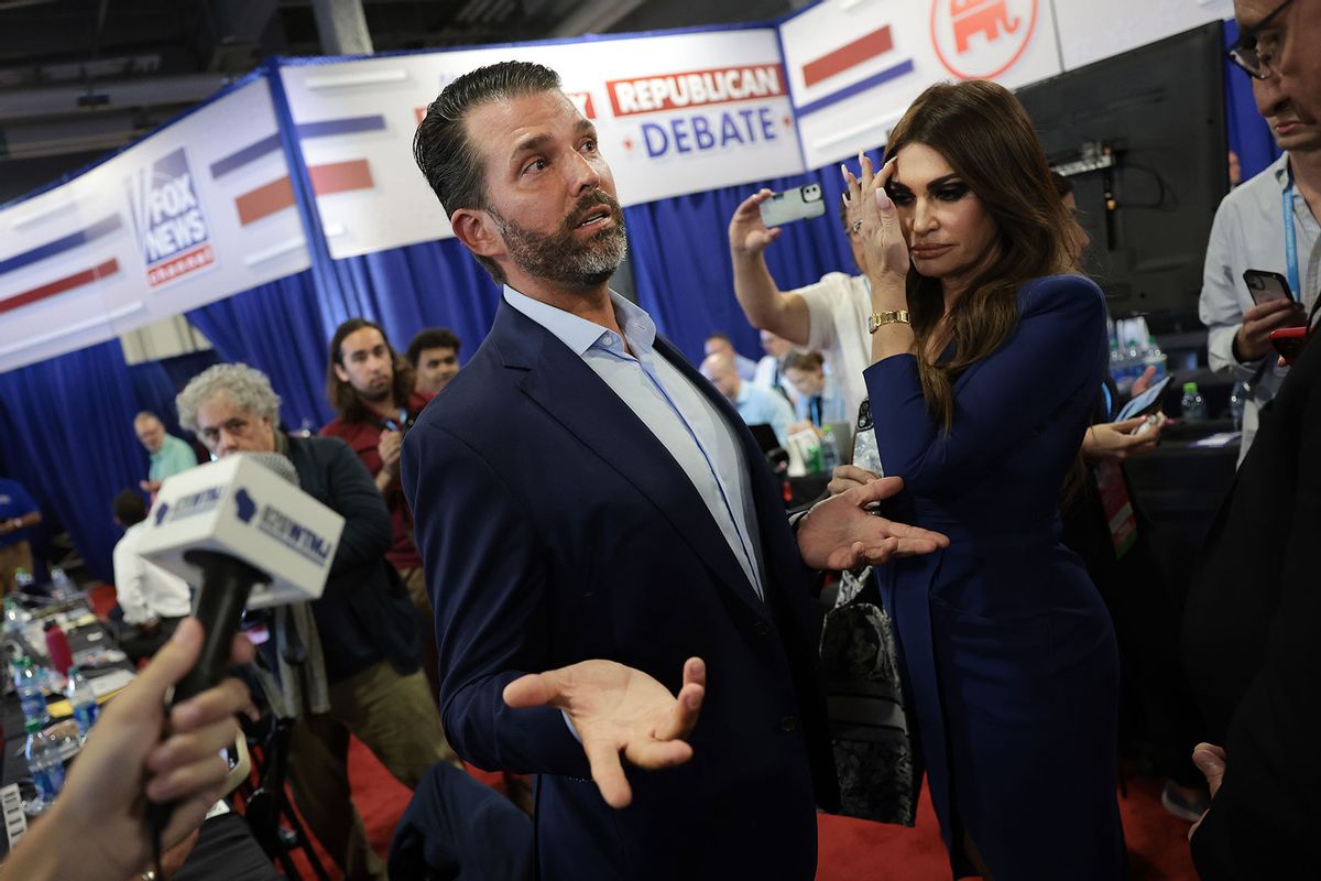 Donald Trump Jr., son of former President Donald Trump, talks to members of the media following the first debate of the GOP primary season hosted by FOX News at the Fiserv Forum on August 23, 2023 in Milwaukee, Wisconsin. (Win McNamee/Getty Images)