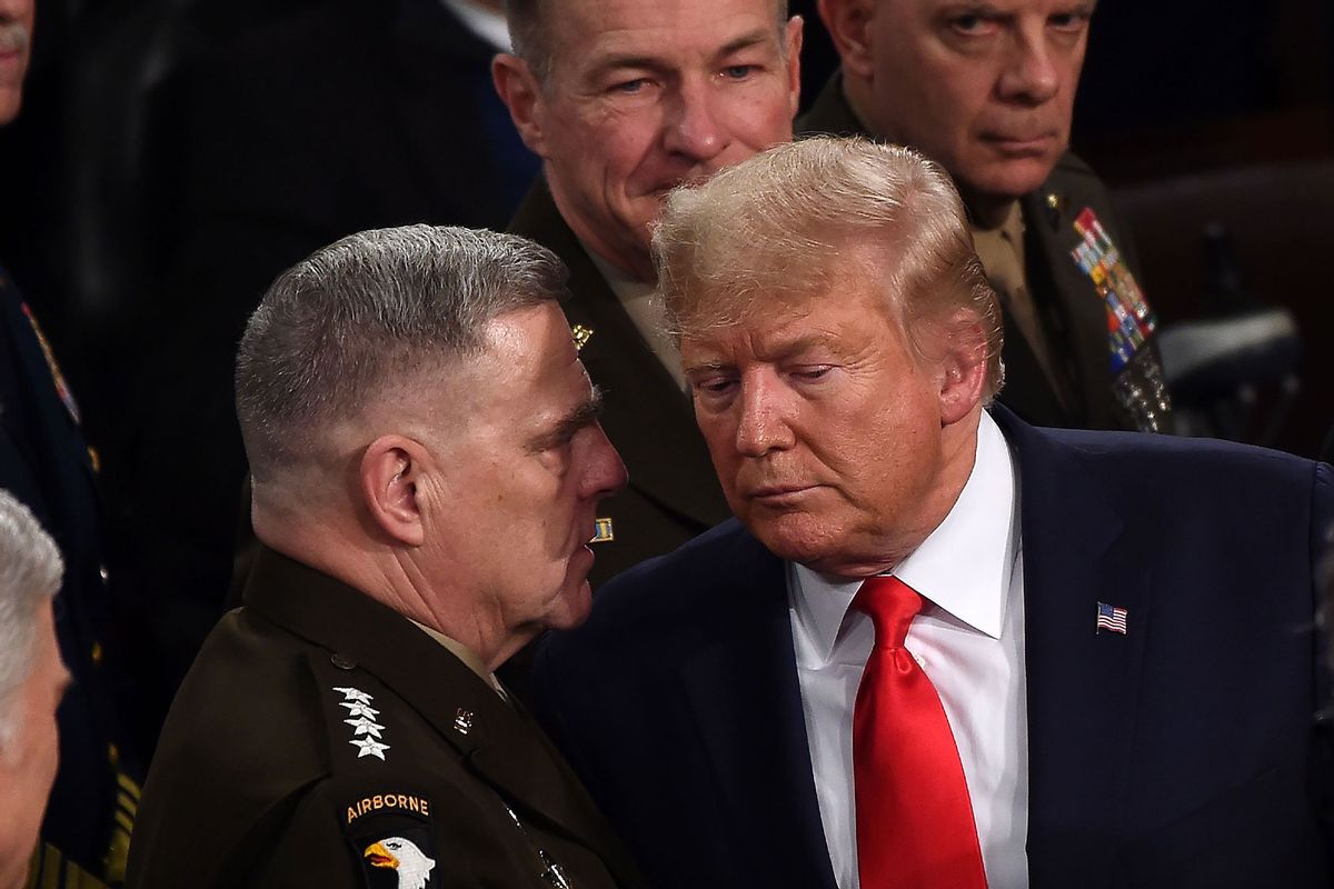 Chairman of the Joint Chiefs of Staff Gen. Mark Milley (L) chats with US President Donald Trump after he delivered the State of the Union address at the US Capitol in Washington, DC, on February 4, 2020. (OLIVIER DOULIERY/AFP via Getty Images)