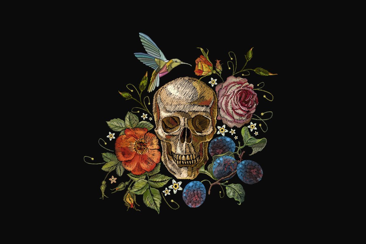 Embroidery skull and roses, grapes, humming bird and flower (Getty Images/Matriyoshka)