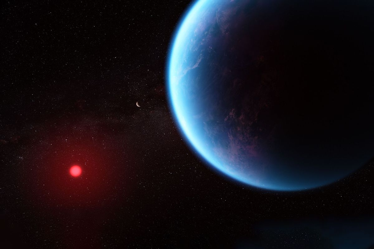 This illustration shows what exoplanet K2-18 b could look like based on science data. K2-18 b, an exoplanet 8.6 times as massive as Earth, orbits the cool dwarf star K2-18 in the habitable zone and lies 120 light years from Earth. (NASA, ESA, CSA, Joseph Olmsted (STScI))