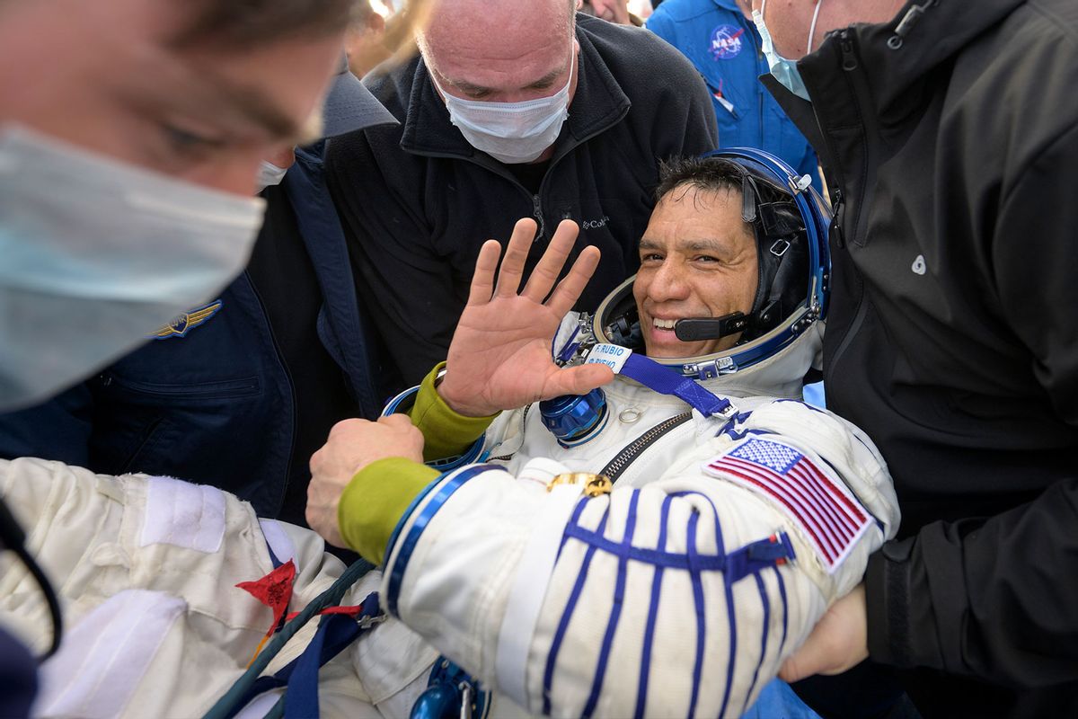 In this handout provided by NASA, Expedition 69 NASA astronaut Frank Rubio is helped out of the Soyuz MS-23 spacecraft just minutes after he and Roscosmos cosmonauts Sergey Prokopyev and Dmitri Petelin, landed in a remote area near the town of Zhezkazgan, Kazakhstan on September 27, 2023. (Bill Ingalls/NASA via Getty Images)