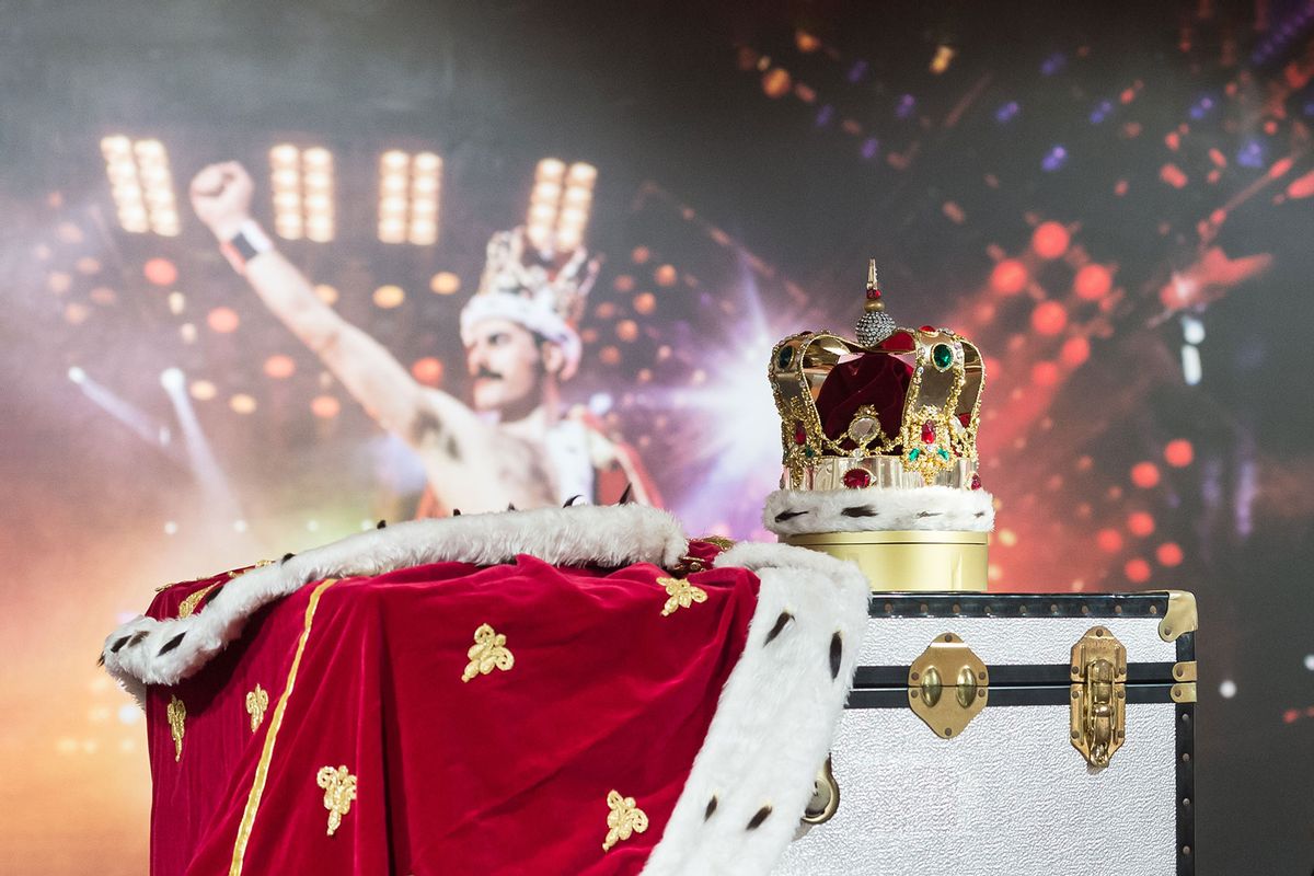 Freddie Mercury's crown and accompanying cloak, in fake fur, red velvet and rhinestones, made by his friend and costume designer Diana Moseley are displayed during a photocall at Sotheby's auction house for the unveiling of Freddie Mercury's entire private collection ahead of an exhibition and six dedicated sales in London, United Kingdom on August 03, 2023. (Wiktor Szymanowicz/Anadolu Agency via Getty Images)
