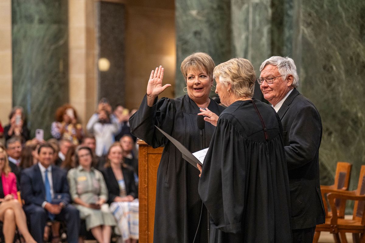 Janet Protasiewicz, 60, is sworn in for her position as a State Supreme Court Justice at the Wisconsin Capitol rotunda in Madison, Wis. on August 1, 2023. (Sara Stathas for The Washington Post via Getty Images)