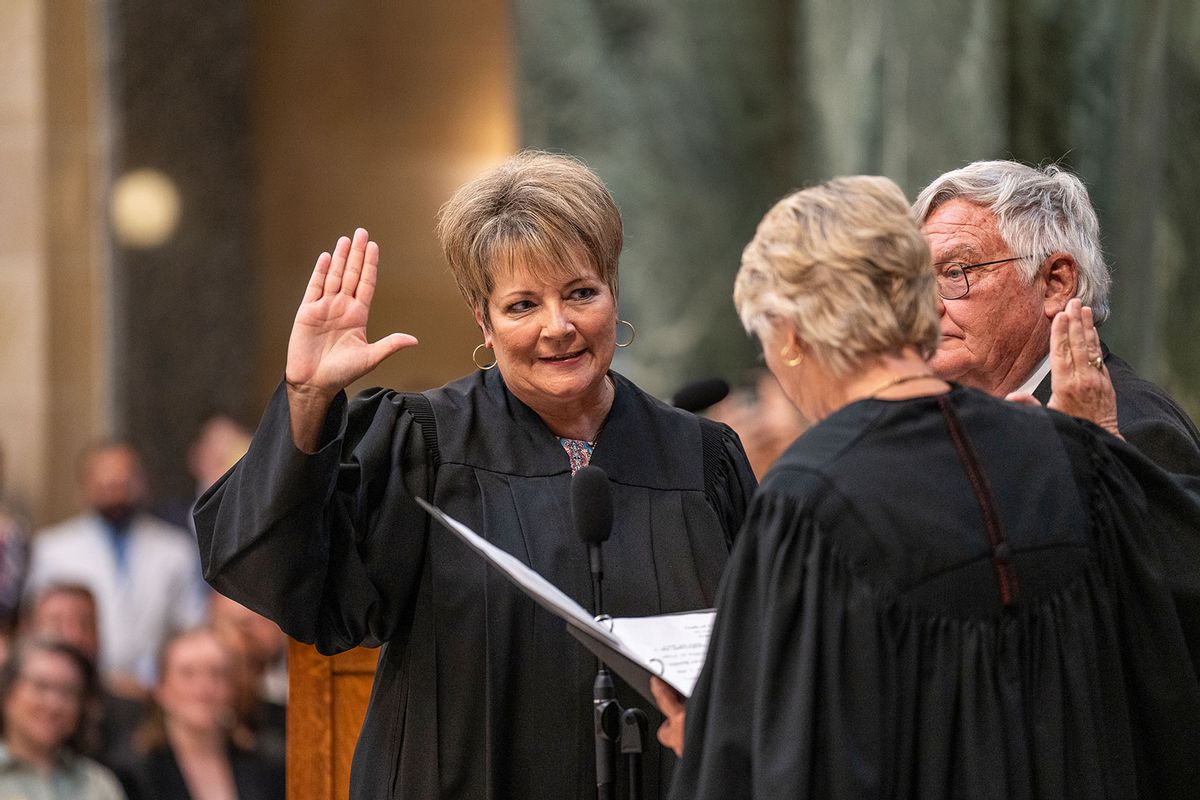 Janet Protasiewicz, 60, is sworn in for her position as a State Supreme Court Justice at the Wisconsin Capitol rotunda in Madison, Wis. on August 1, 2023. (Sara Stathas for The Washington Post via Getty Images)