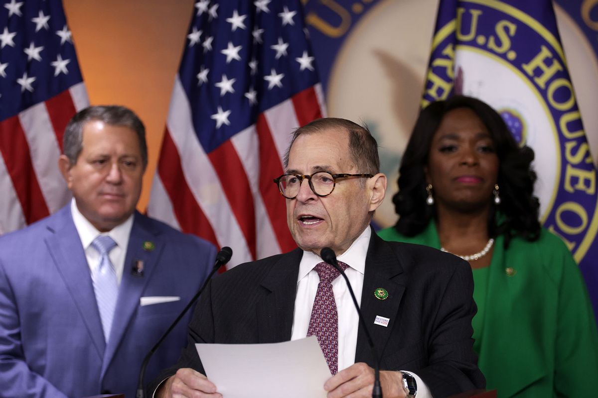 U.S. Rep. Jerrold Nadler (D-NY) speaks as Rep. Joseph Morelle (D-NY) (L) and Rep. Terri Sewell (D-AL) (R) listen during a news conference at the U.S. Capitol on September 19, 2023 in Washington, DC. (Alex Wong/Getty Images)
