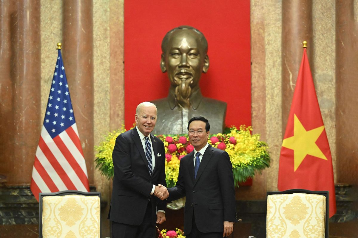 Vietnam's President Vo Van Thuong and President Joe Biden during a meeting at the Presidential Palace in Hanoi, Sept. 11, 2023. (Saul Loeb/AFP via Getty Images)