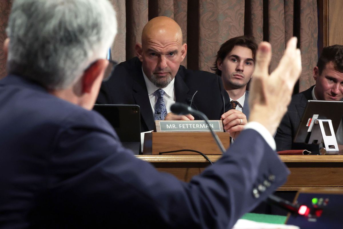 Sen. John Fetterman (D-PA) looks on during a hearing before Senate Banking, Housing, and Urban Affairs Committee at Dirksen Senate Office Building on June 22, 2023 on Capitol Hill in Washington, DC. (Alex Wong/Getty Images)