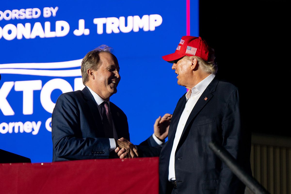 Texas Attorney General Ken Paxton greets former U.S. President Donald Trump at the 'Save America' rally on October 22, 2022 in Robstown, Texas. (Brandon Bell/Getty Images)