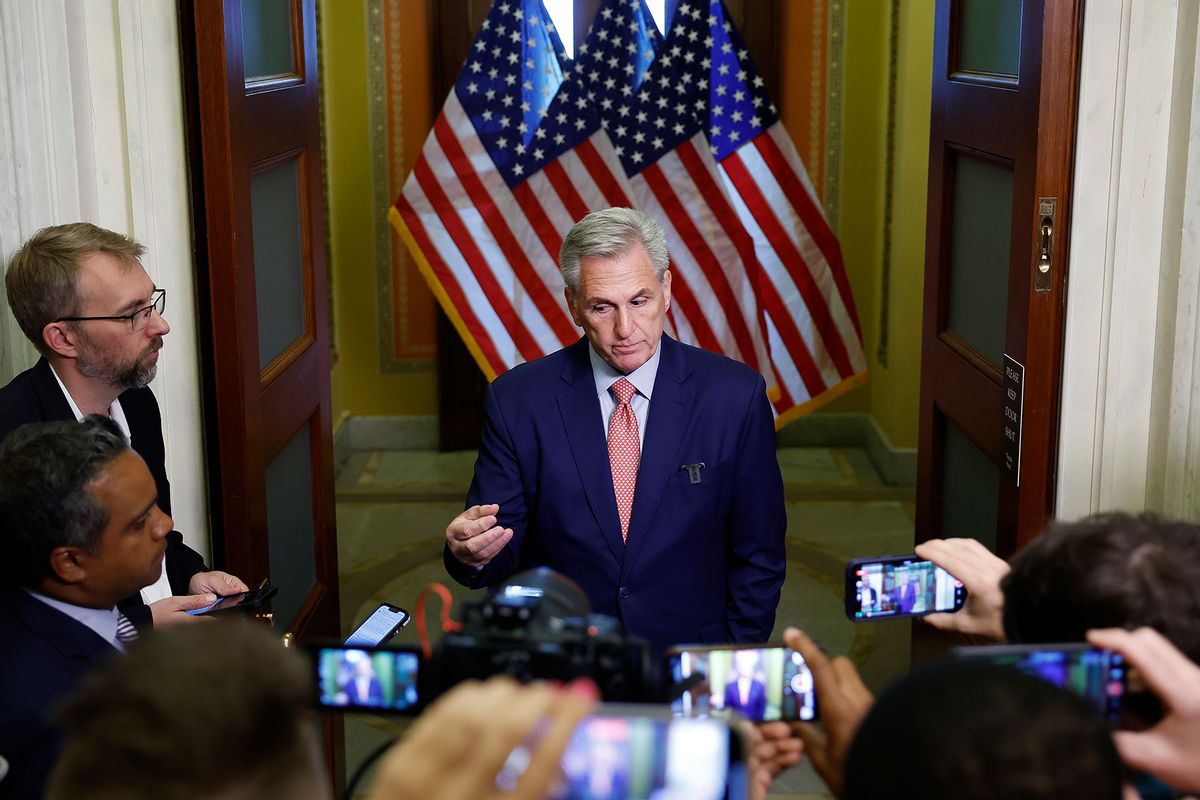 U.S. Speaker of the House Kevin McCarthy (R-CA) speaks to reporters outside the Speakers Balcony at the U.S. Capitol Building on July 25, 2023 in Washington, DC. (Anna Moneymaker/Getty Images)