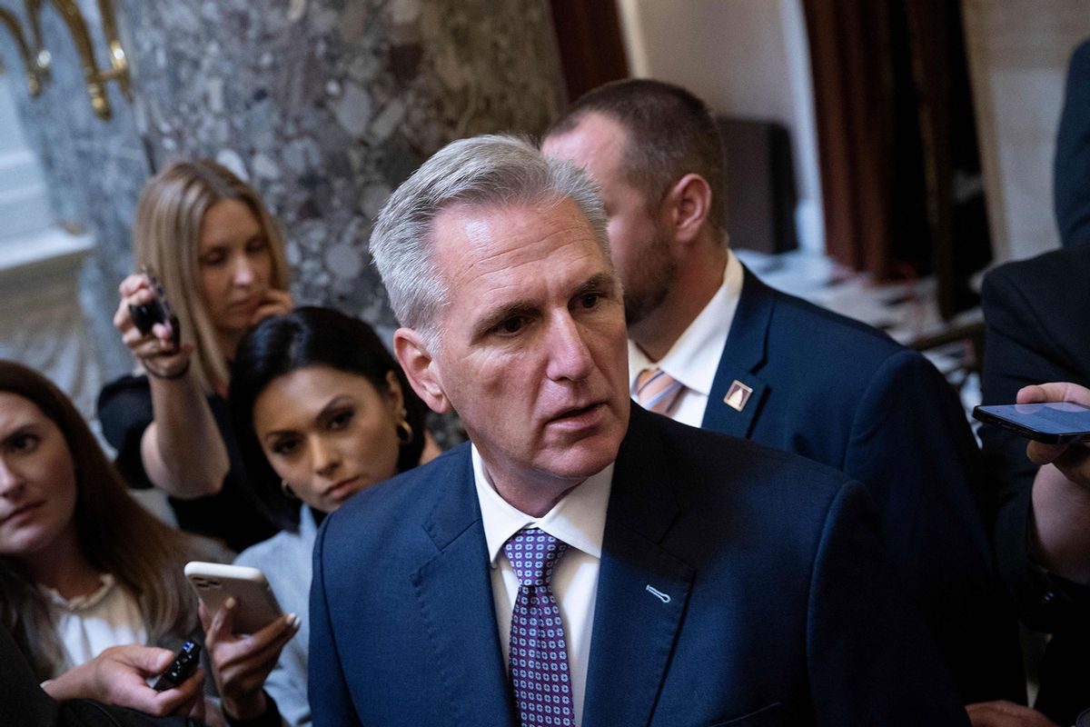 US House Speaker Kevin McCarthy (R-CA) speaks to members of the media while walking through Statuary Hall at the US Capitol in Washington, DC, September 18, 2023. (BRENDAN SMIALOWSKI/AFP via Getty Images)