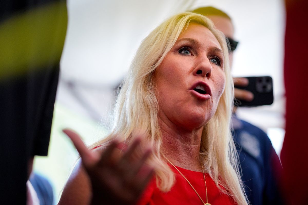 Marjorie Taylor Greene speaks as the arrival of former President Donald Trump outside the Fulton County Jail in Atlanta, Georgia, United States on August 24, 2023. (Benjamin Hendren/Anadolu Agency via Getty Images)