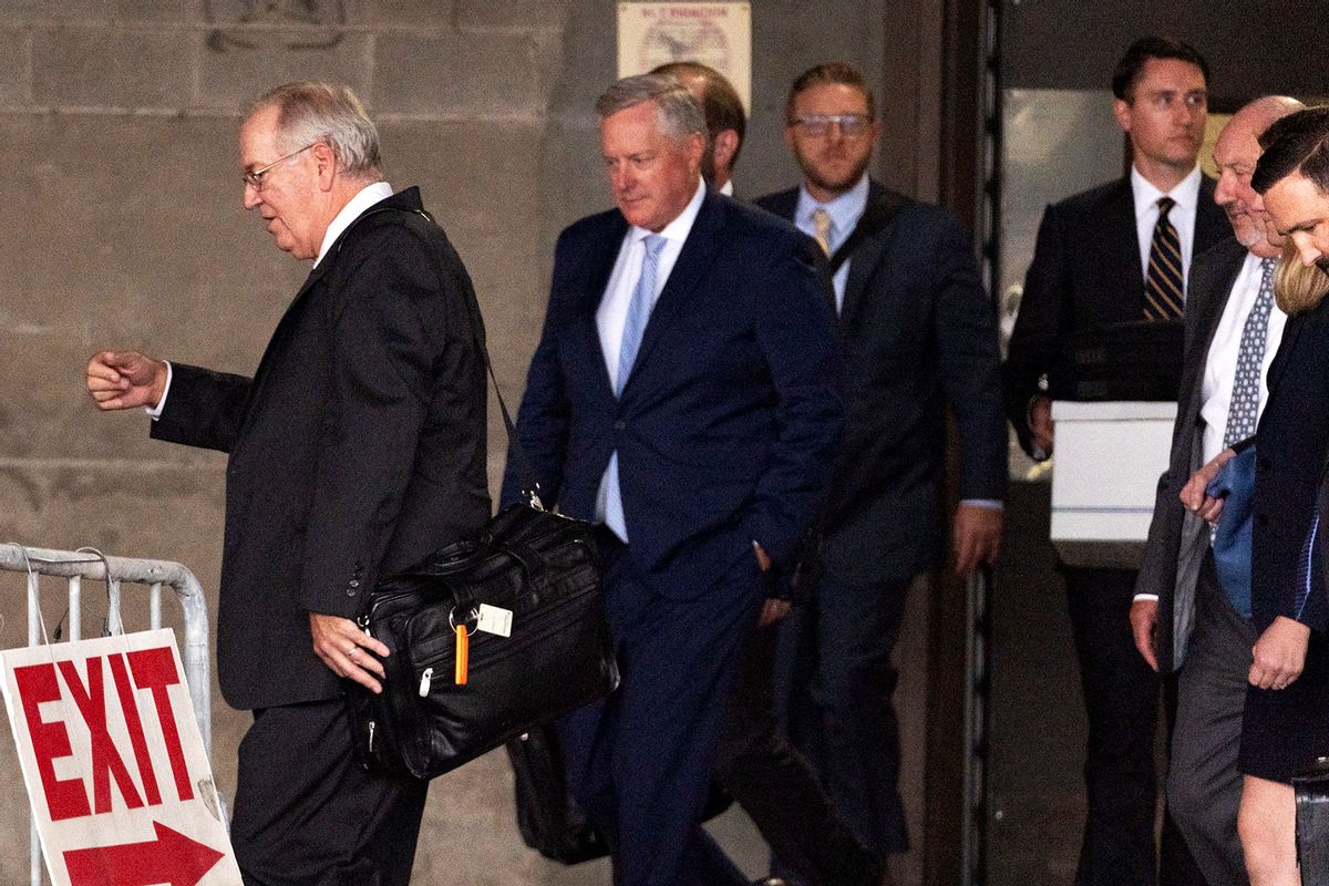Former Trump White House chief of staff Mark Meadows (C) leaves the Richard B. Russell Federal Building with his lawyers on August 28, 2023 in Atlanta, Georgia. (Megan Varner/Getty Images)