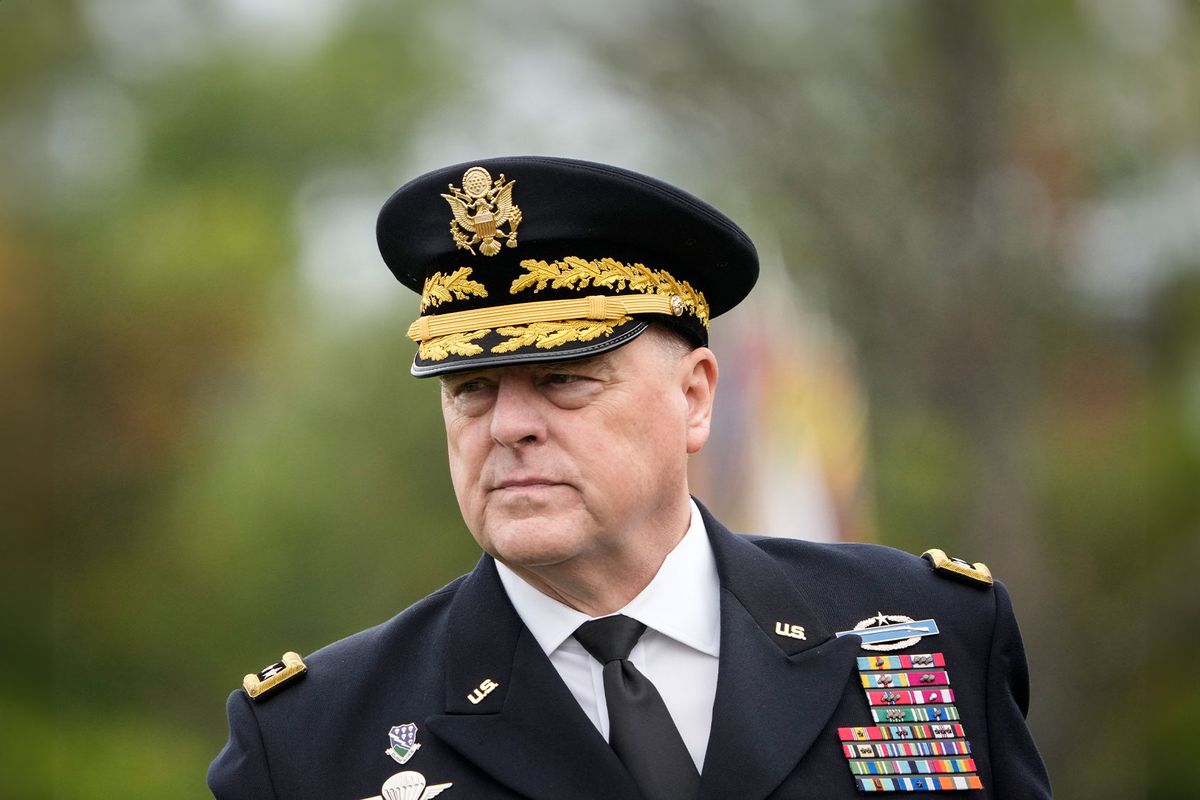 Outgoing Chairman of the Joint Chiefs of Staff General Mark Milley inspects the troops during an Armed Forces Farewell Tribute in his honor at Summerall Field at Joint Base Myer-Henderson Hall September 29, 2023 in Arlington, Virginia. (Drew Angerer/Getty Images)