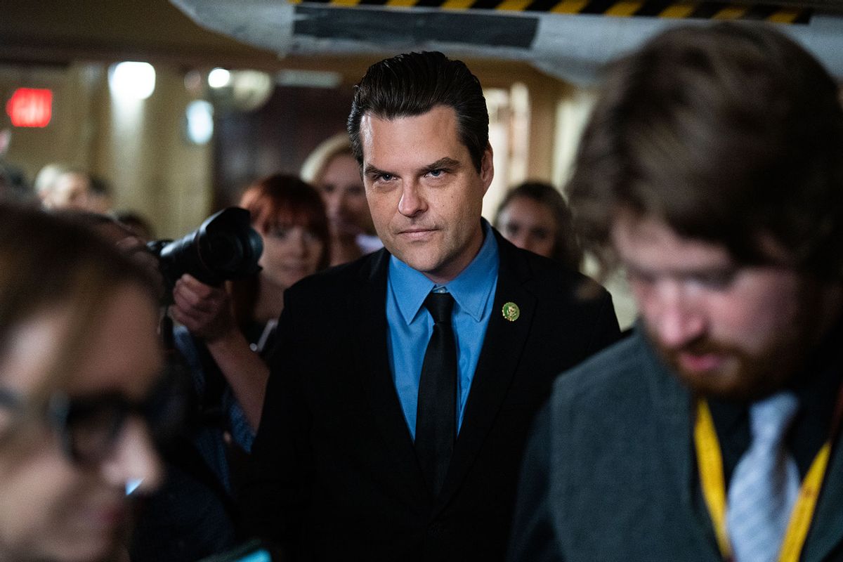 Rep. Matt Gaetz, R-Fla., leaves a meeting of the House Republican Conference in the U.S. Capitol on Tuesday, September 19, 2023. (Tom Williams/CQ-Roll Call, Inc via Getty Images)