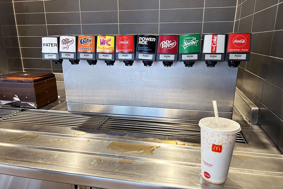 Soda fountain with drink cup visible at McDonald's restaurant in Lafayette, California, March 14, 2022. (Gado/Getty Images)