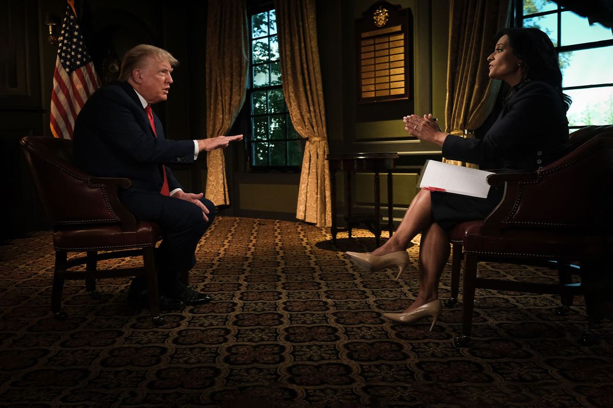 Former President Donald Trump and moderator Kristen Welker appear in a pre taped interview on “Meet the Press” at the Trump National Golf Club Bedminster, in Bedminster, NJ, Sep. 13, 2023. (William B. Plowman/NBC)