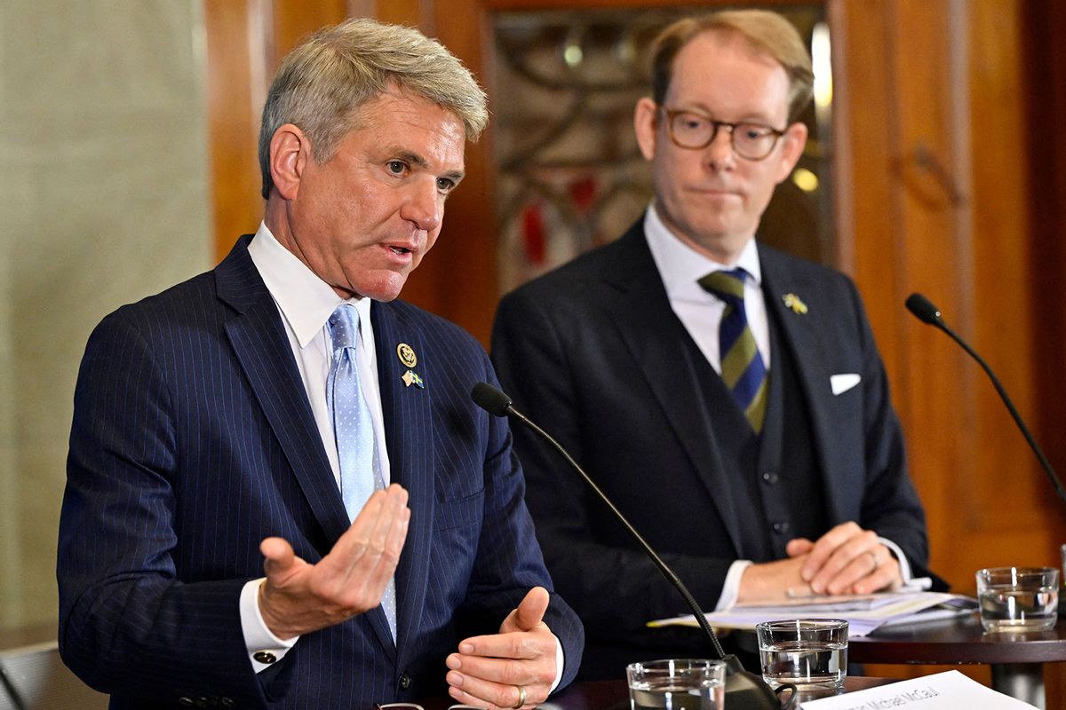 US congressman Michael McCaul (L) addresses a press briefing about Sweden's NATO membership and the continued support for Ukraine, as Swedish Foreign Minister Tobias Billström listens, in Stockholm on September 1, 2023. (HENRIK MONTGOMERY/TT News Agency/AFP via Getty Images)