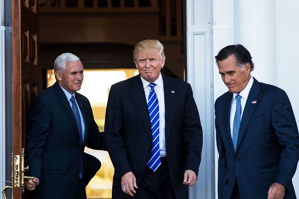 Vice president-elect Mike Pence, President-elect Donald Trump and Mitt Romney leave the clubhouse after their meeting at Trump International Golf Club, November 19, 2016 in Bedminster Township, New Jersey. (Drew Angerer/Getty Images)