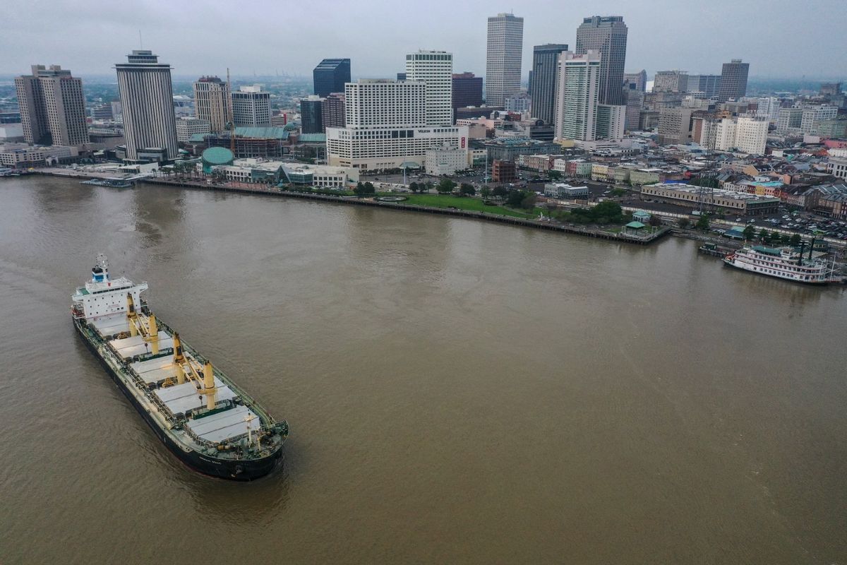 An aerial view of New Orleans can be seen from a drone above the Mississippi River on April 1, 2023 in New Orleans, La. (Ricky Carioti/The Washington Post via Getty Images)