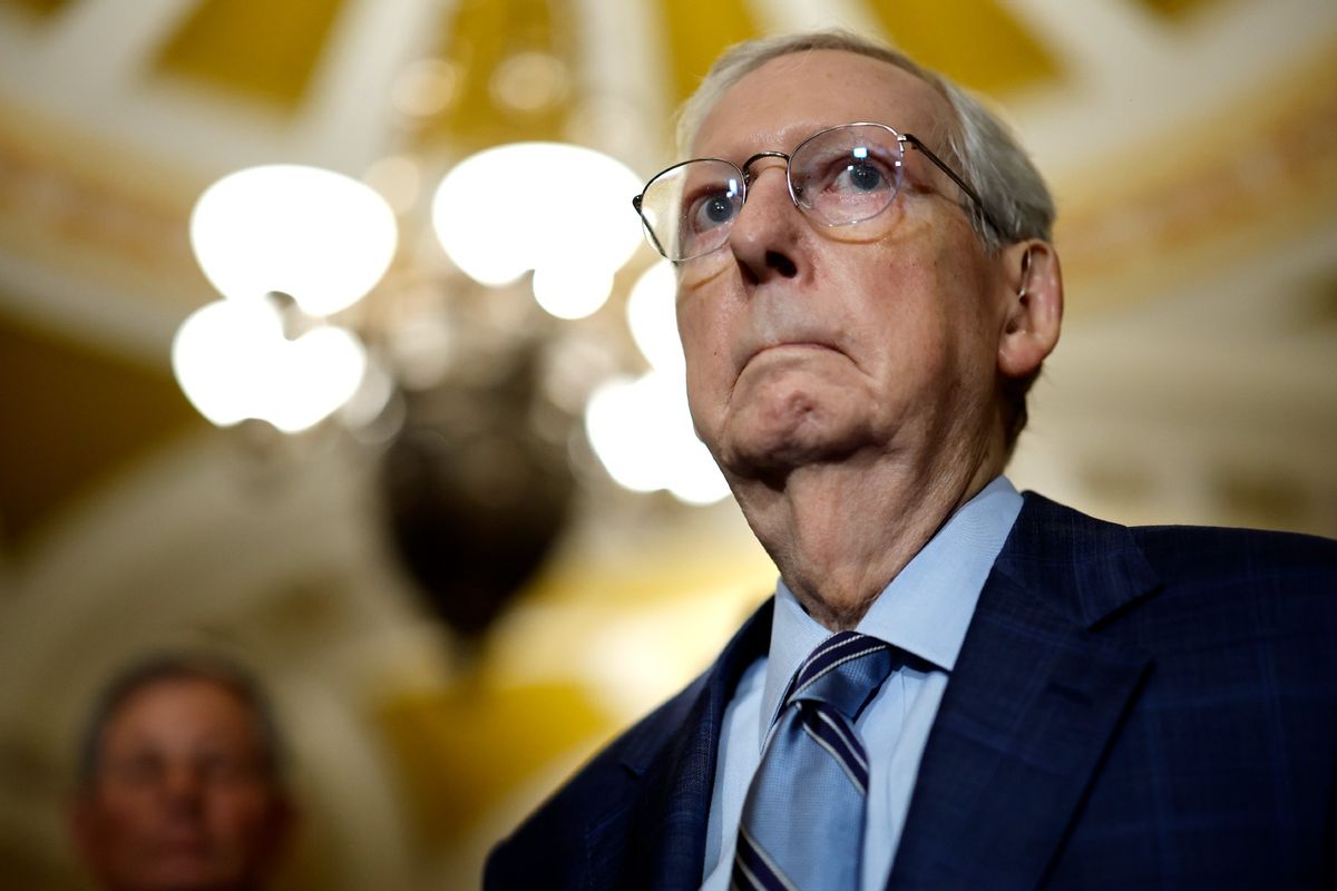 Senate Minority Leader Mitch McConnell (R-KY) listens to reporters' questions during a news conference following the weekly Republican Senate policy luncheon meeting at the U.S. Capitol on September 12, 2023 in Washington, DC.  (Chip Somodevilla/Getty Images)